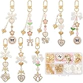 SUNNYCLUE 1 Box 156Pcs DIY 8 Sets Keychain Making Kit Bows Key Chain Charm Bead Kit Bowknot Beads Bulk Imitation Pearls Flower Bow Heart Swivel Key Rings for Jewelry Making Crafts Keyrings Supplies