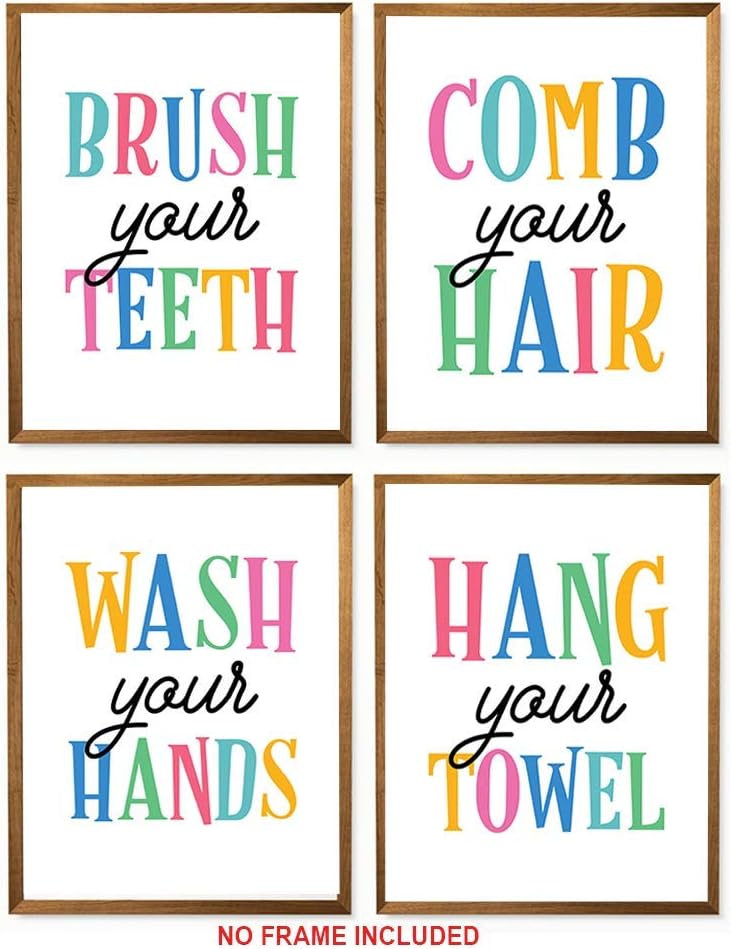Midoro Set of 4 Colorful Bathroom Rules Print for Kids, Brush Your Teeth Wash Your Hands Hang Your Towel, Nursery Art, Printable Quotes, Kids Bathroom Art (Kids Bathroom, 8" x 10")