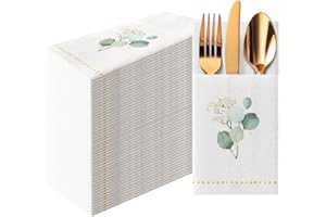 PAW DECOR COLLECTION PAW - Linen Feel Napkins with Built-in Flatware Pocket, Airlaid Paper Pre-Folded Napkins for Silverware, Wedding Party, Dinner, Birthday, Gatherings, Golden Eucalyptus Design, 50 Count