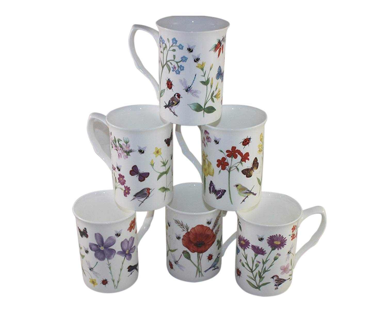 FINE Bone China Mugs Set of 6, Colorful Butterfly Flowers and Birds Mugs, Gift Set Hand Decorated in Staffordshire