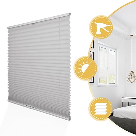 Deswell Plissee Rollo Jalousie ohne Bohren Klemmfix für Fenster & Tür Hellgrau 80 x 120 cm, Plisseerollo Stoff Sonnenschutz l