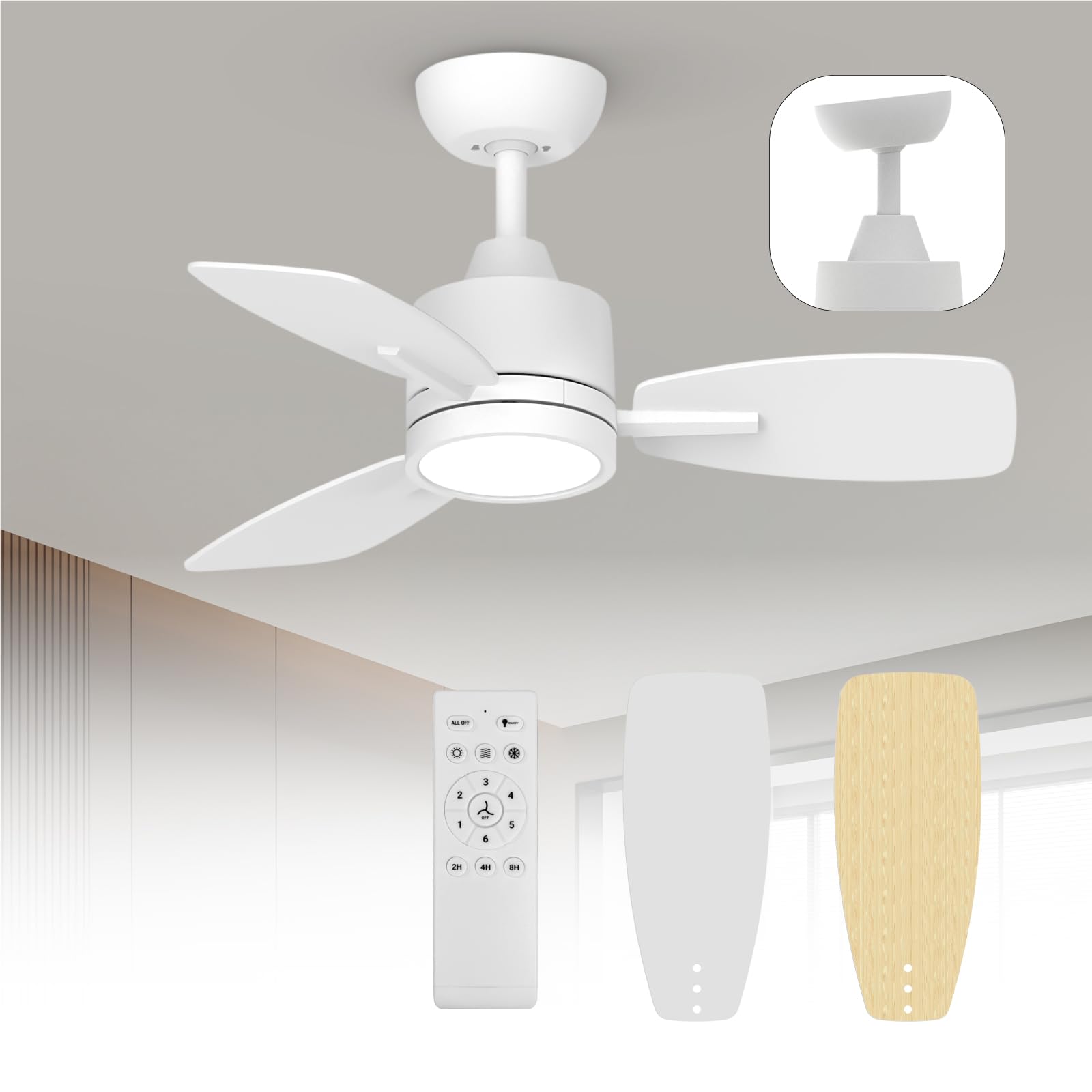 Photo 1 of TALOYA 32 Inch Remote Control Ceiling Fan with LED Light,Quiet Reversible DC Motor,Metal,White/Oak Finish Blades,Large Air Volume Fan for Living Room, Bedroom,Dining,Office,Patio,Porch,ETL