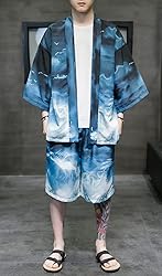 Ambcol Men's Japanese Style Kimono Tops Shorts Sets