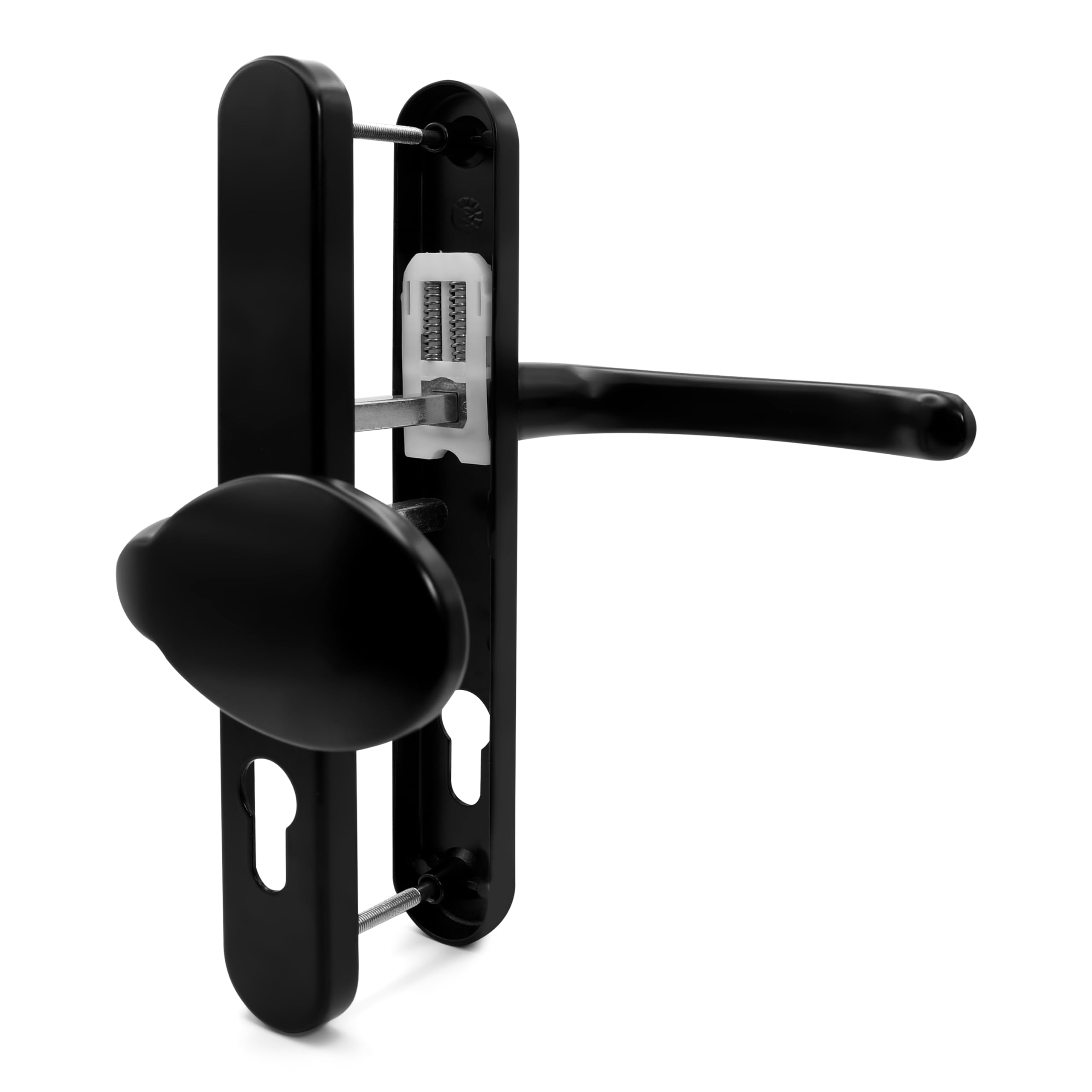 TSS Black UPVC Door Handle Pair Set with offset Lever and Pad, 92/62mm PZ Centres (Internal = 92mm / External 62mm), Sprung, 212mm Screw To Screw, Backplate 245mm x 34mm, Replacement PVC Door Handle i