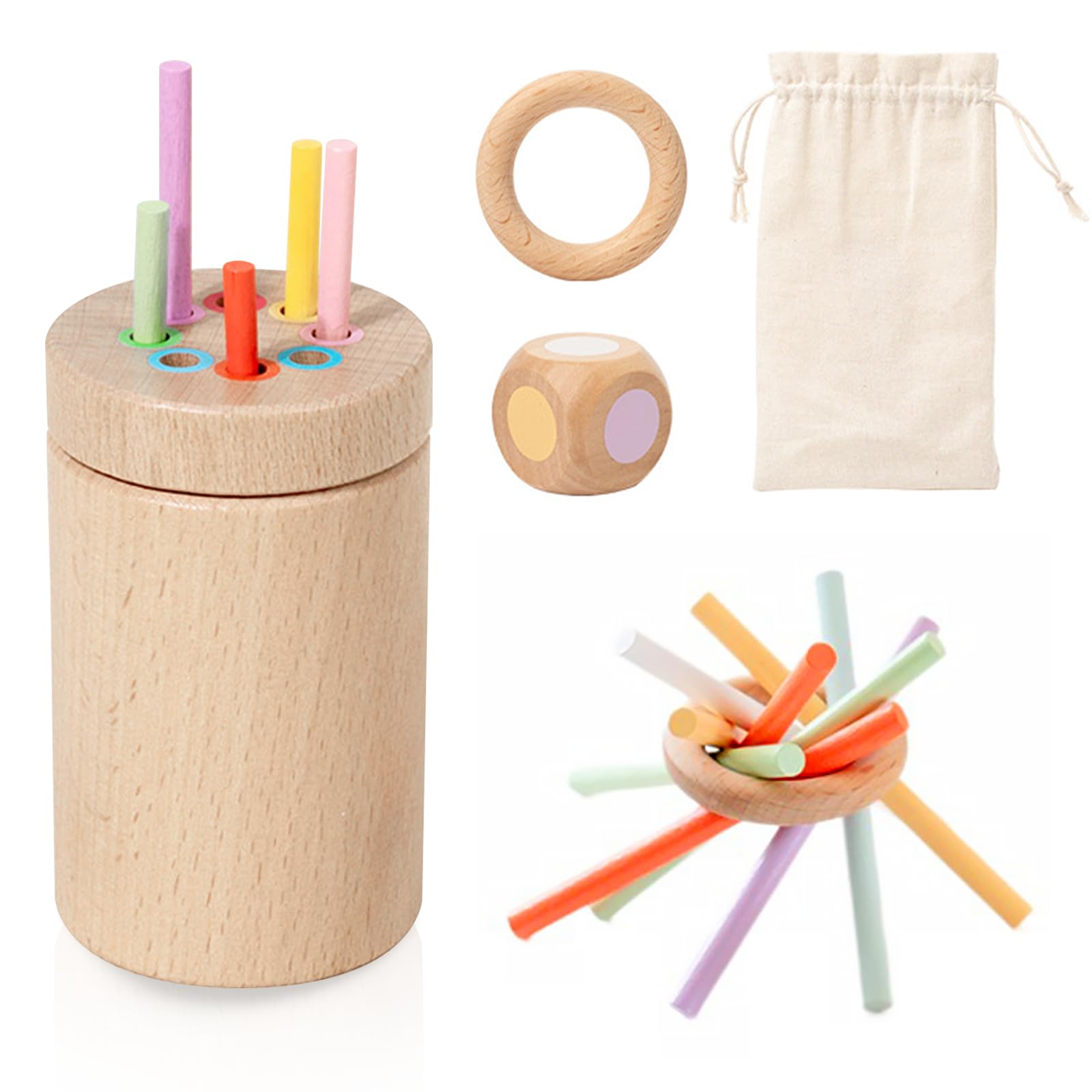 Orizizhic Montessori Busy Board for Toddlers, 1-3 Years, Wooden Color Building Blocks, Busy Board, Educational Toys, Includes Cylinder, 12 Colored Sticks, Storage Bag, Circle, Dice
