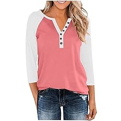3/4 Length Sleeve Womens Tops Cotton Dressy V Neck