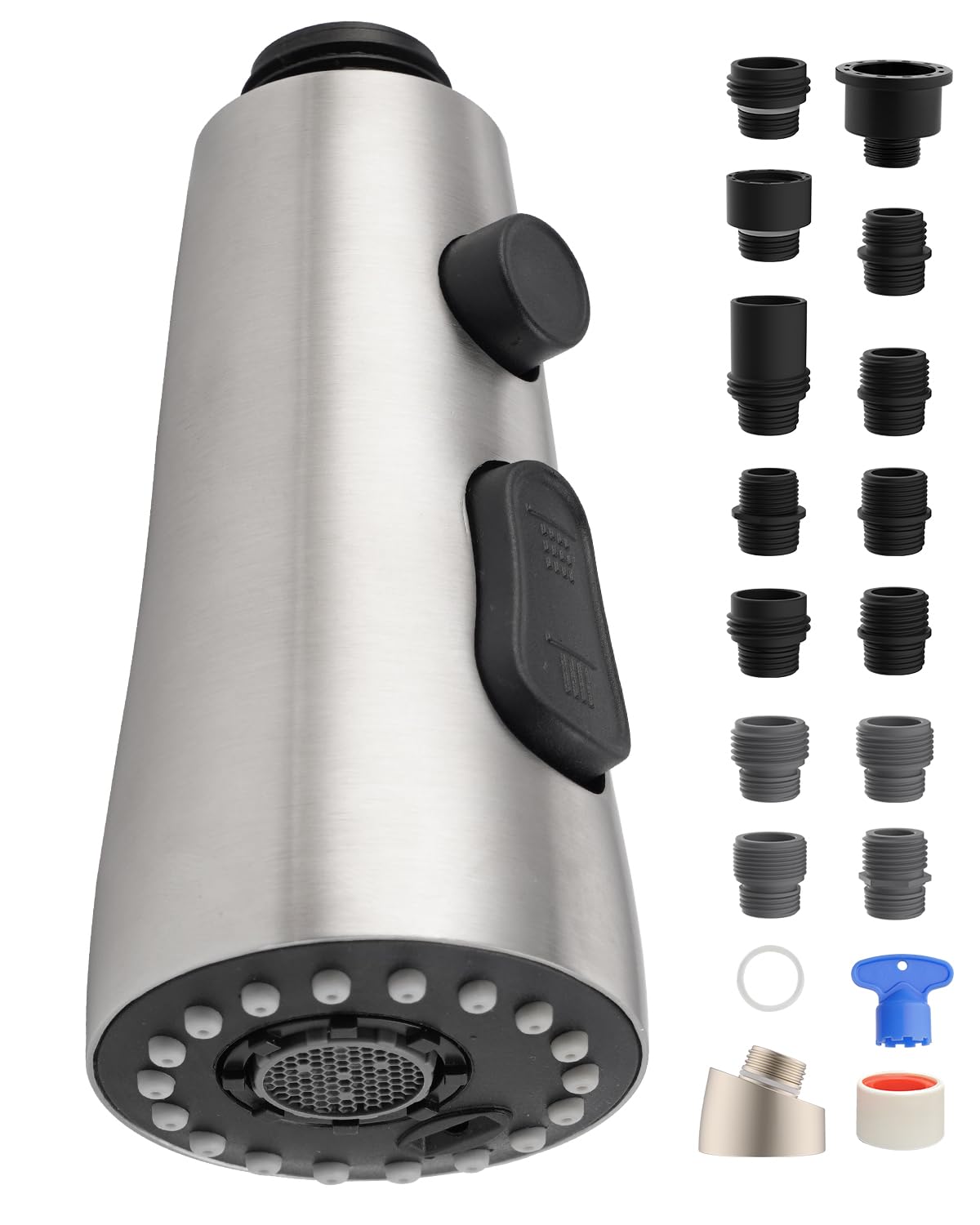Photo 1 of Stainless Faucet Head Replacement with 15 Adapters Compatible with Moen/Delta/Kohler Pull Down Kitchen Faucet, 3 Water Modes Kitchen Sink Faucet Sprayer Head, Brushed Nickel Finish