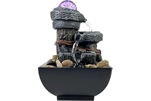 JOYENERGY Tabletop Fountain Waterfall Fountain with LED Light, Indoor Zen Meditation Desktop Fountain Includes Natural River Rolling Bubble Balls for Home and Office Decoration