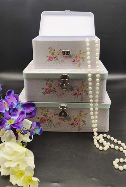 Satyam Kraft Rectangle Shape Diwali Gift Metal Printed Flower Love Travel Trunk Box for Diwali Gift,Gift (24.5 cm x 18 cm x 8.5 cm, Blue, Pack of 3)