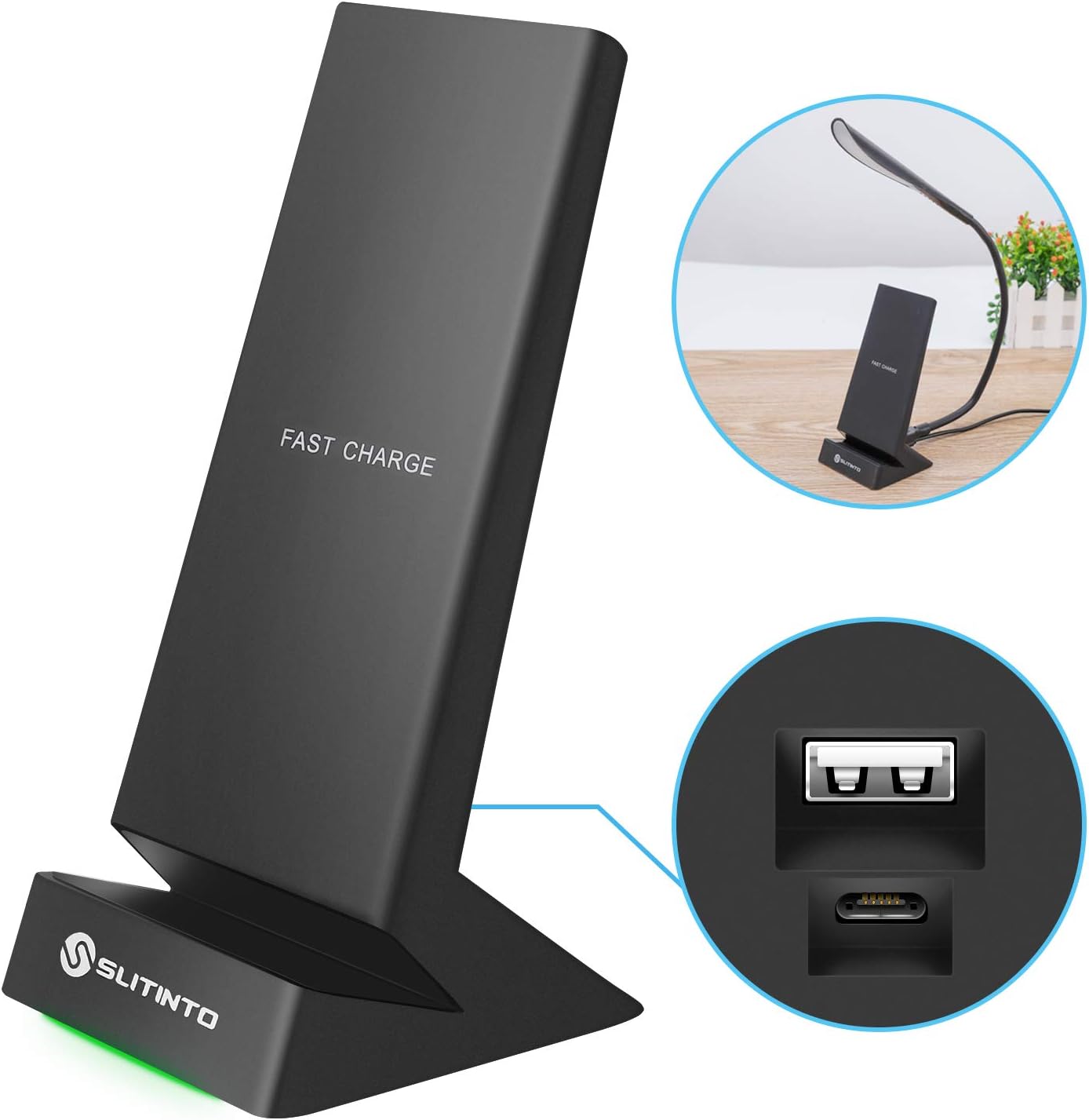slitinto W9 Wireless Charger, 7.5W Fast Wireless Charging Stand Compatible for iPhone XS MAX/XR/XS/X/8/8 Plus, 10W Fast Wireless Charger Stand Compatible Galaxy Note 9/8/S9/S9+S8/S8 - 1pc/pack-black