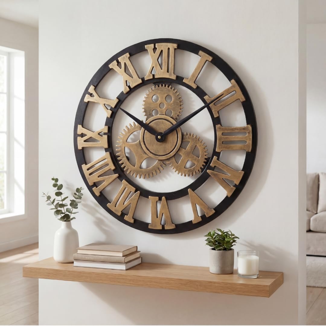Heaven4you Premium Medium Roman Numeral Wooden Wall Clock Indoor Round, Brushed Finish for Living Room Kitchen Office Gold – Silent – Ready to Hang with Hook & Instructions for Hands 50cm/19.68inch