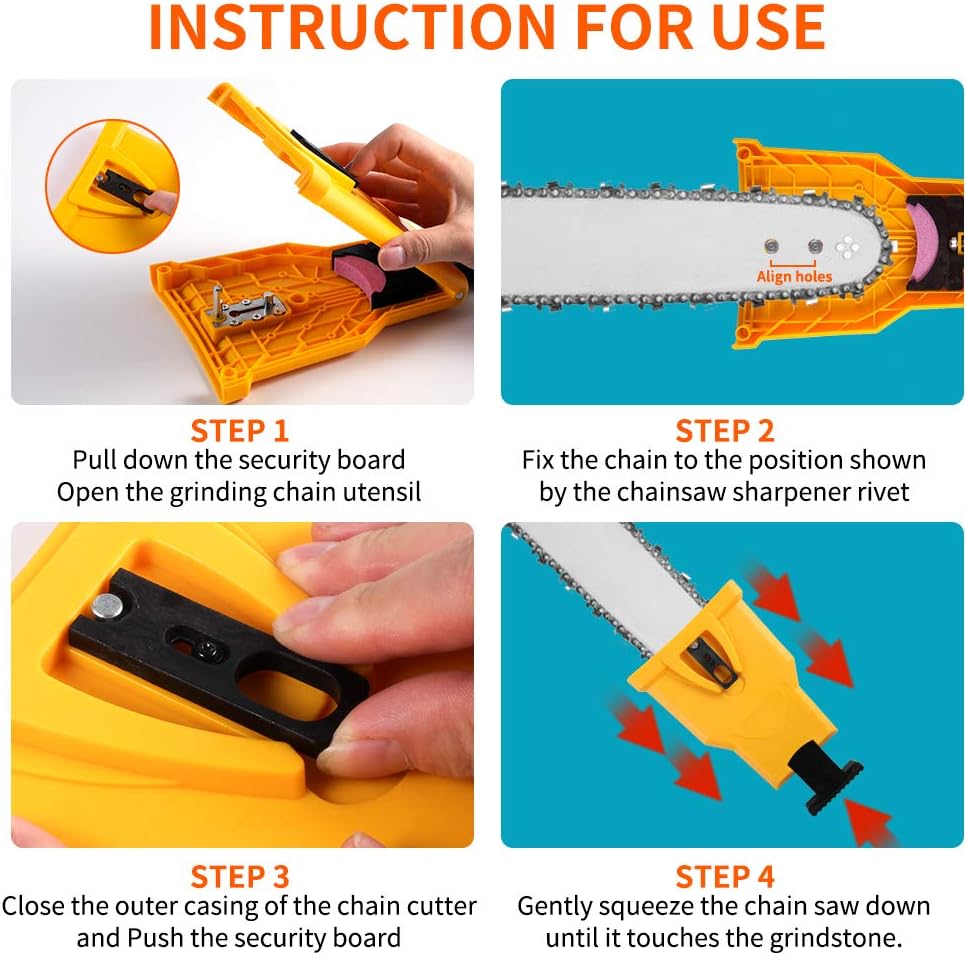 AULASISY Chainsaw Sharpener Universal Chain Saw Blade Teeth Sharpener Fast Sharpening Stone Grinder Tools Bar Mounted with Total 5 Whetston, Fit 14 16 18 20 Inches Two Holes Chain Saw Bar (Yellow): Garden & Outdoor