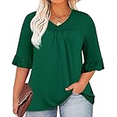 Micoson Womens Plus Size Tops 3/4 Ruffle Sleeve Shirt Casual V Neck Pleated T Shirt Loose Fit Tunic Blouse(1X-5X)