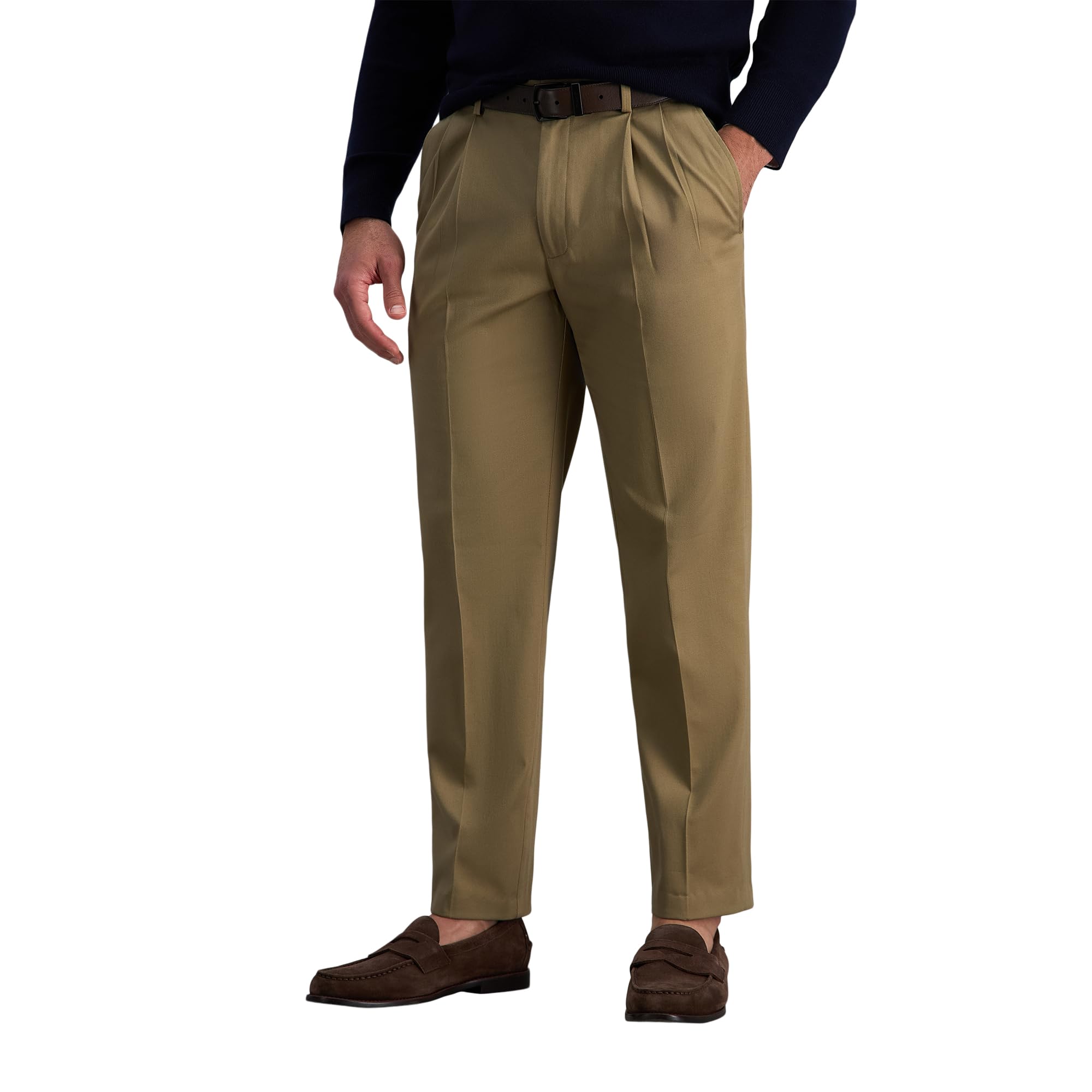 Photo 1 of Haggar Men's Premium No-Iron Classic-Fit Expandable-Waist Front Pant, British Khaki Pleat, 36W x 29L