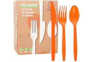 FULJOOY 180Pcs Orange Plastic Silverware Heavy Duty Plastic Cutlery Set Heavyweight Disposable Flatware Includes Spoons Forks Knives Utensil Set for Weddings, Birthdays, Parties, and Everyday Use