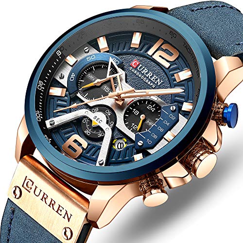 Men’s Sport Chronograph Wristwatch Military Casual Waterproof Blue Leather Watch for Men with Date Display …