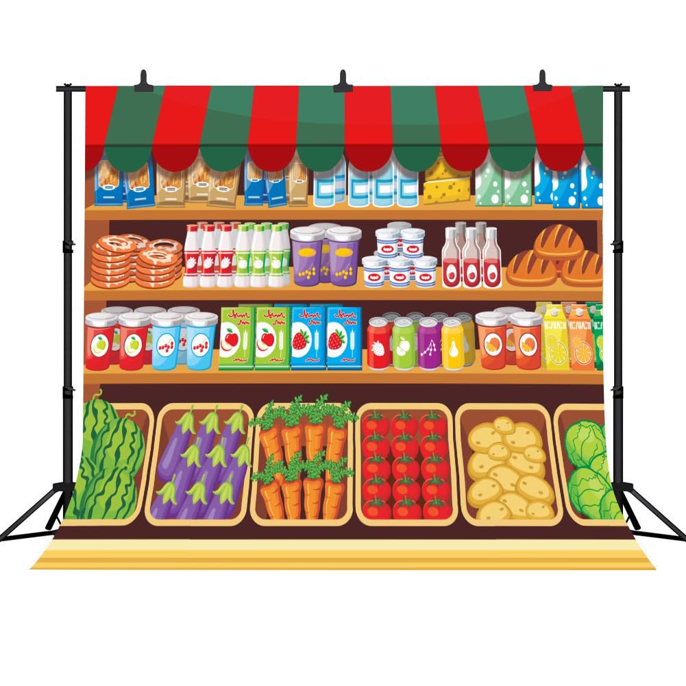Photo 1 of Cartoon Supermarket Shelf Background Fresh Fruit Vegetable Goods Shelf Grocery Store Decoration Background Fruit Theme Baby Shower Photography Decoration Photo Booth Studio Props 6x6ft BJMYFH338