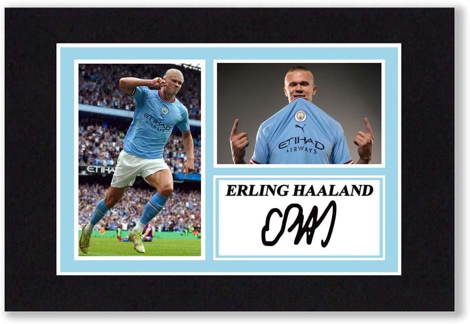 Photographs - A4 Mounted Signed Erling Haaland - Manchester City Photo Montage - With Pre Printed Autograph - Ready To Be Framed - Artwork, Wall Art Football Memorabilia