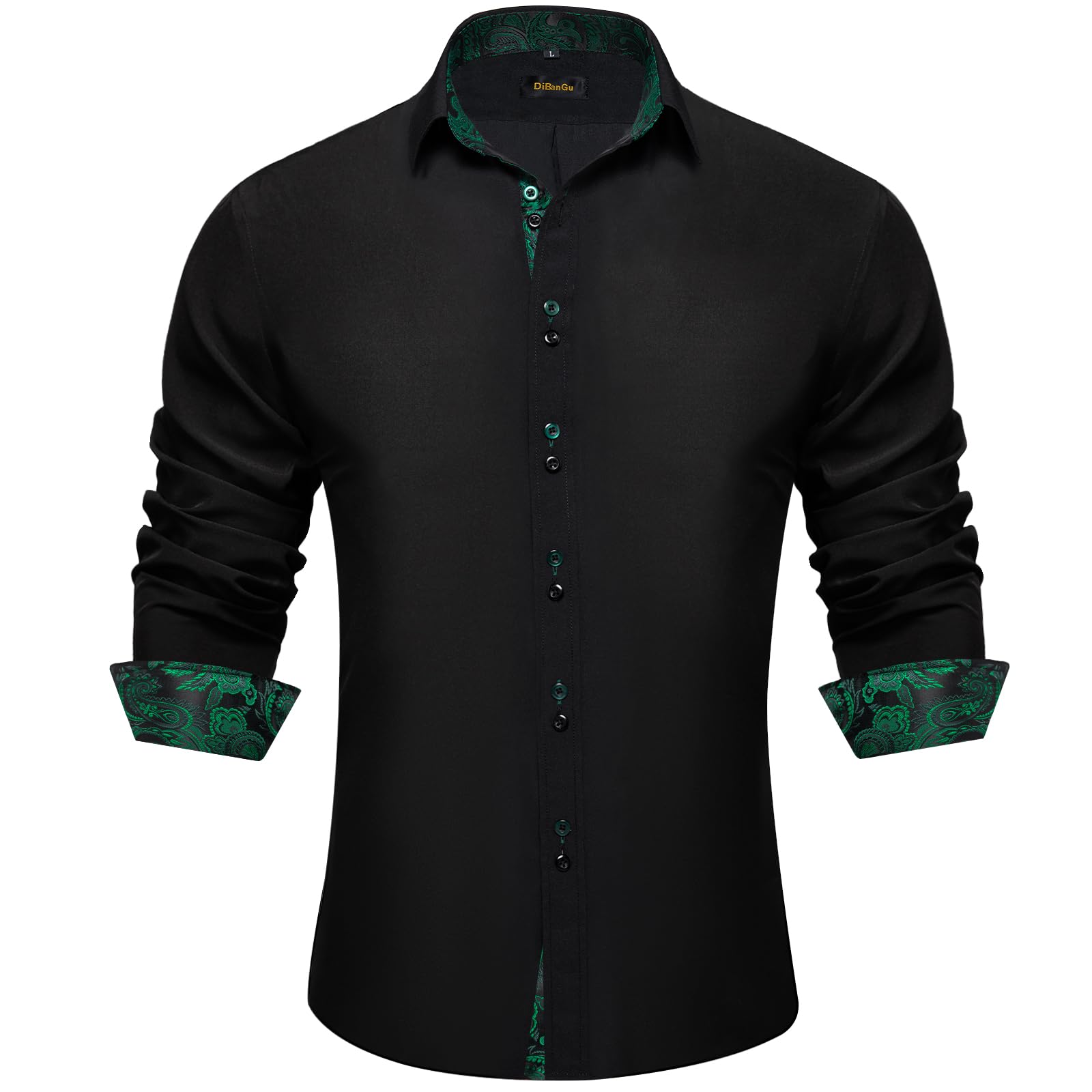 DiBanGu Men's Dress Shirt Long Sleeve Casual Button Down Shirts Regular Fit Inner Contrast Shirt for Business Party, Black and Emerald, Medium Image