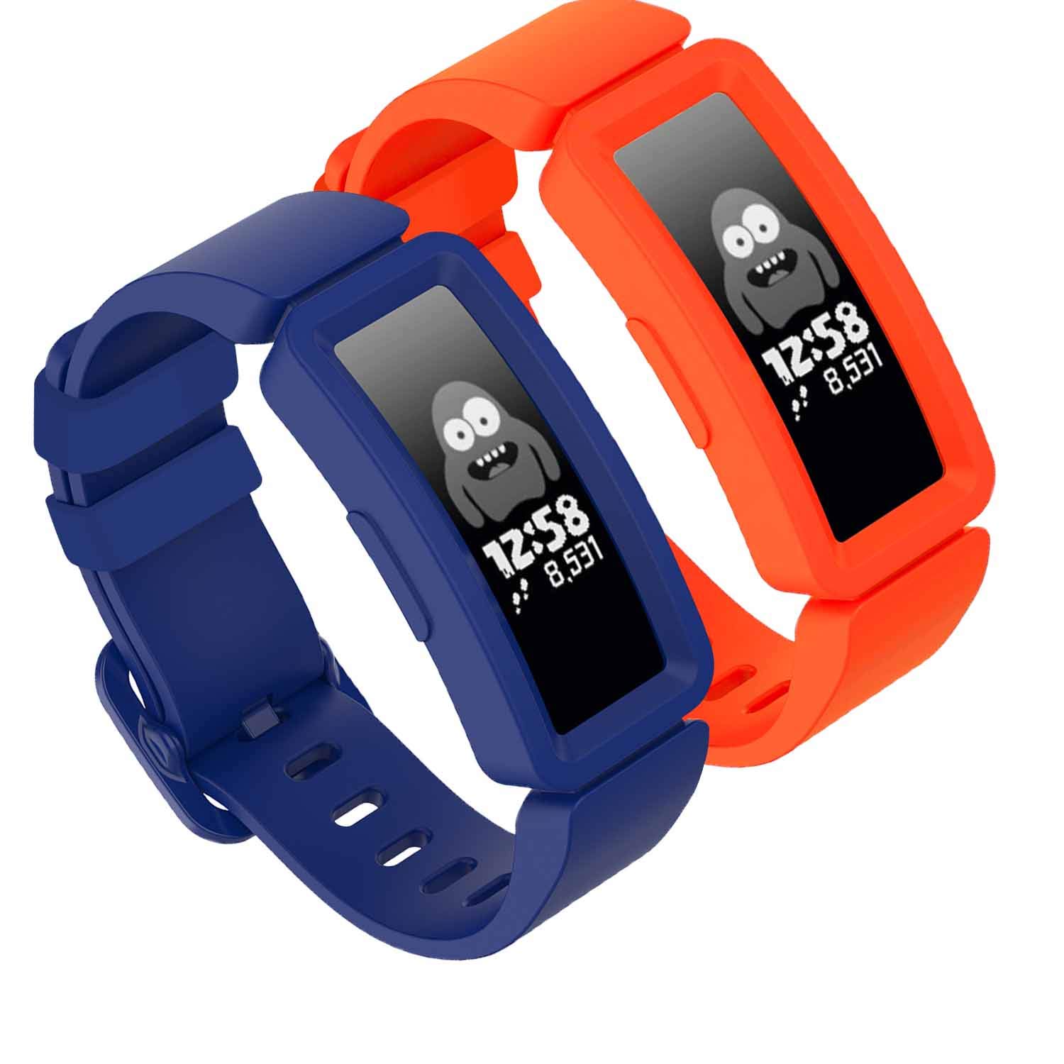 TopPerfekt Strap Compatible With Fitbit Ace 2 for Kids 6, Soft Silicone Waterproof Bracelet Accessories Strap Boys Girls Wristbands Compatible for Fitbit Ace 2 (2Classic blue,OrangeRed)