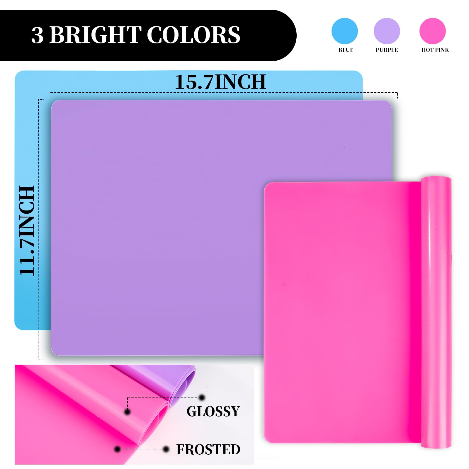 LEOBRO Silicone Mat for Resin Molds, 3 PCS Silicone Mats for Epoxy Resin, UV Resin, Play Dough Mat, Clay Mat, Nonstick Silicone Sheets Pads for DIY Arts and Crafts, Pink & Purple & Blue, 15.7”x 11.7”