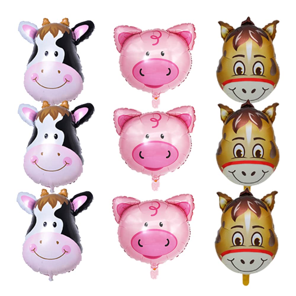 9pcs Farm Animal Balloons Party Ballons Set Pig Cow Horse Donkey Shaped Foil Mylar Balloon for Birthday Baby Shower Barnyard Farm Themed Party Decorations Supplies