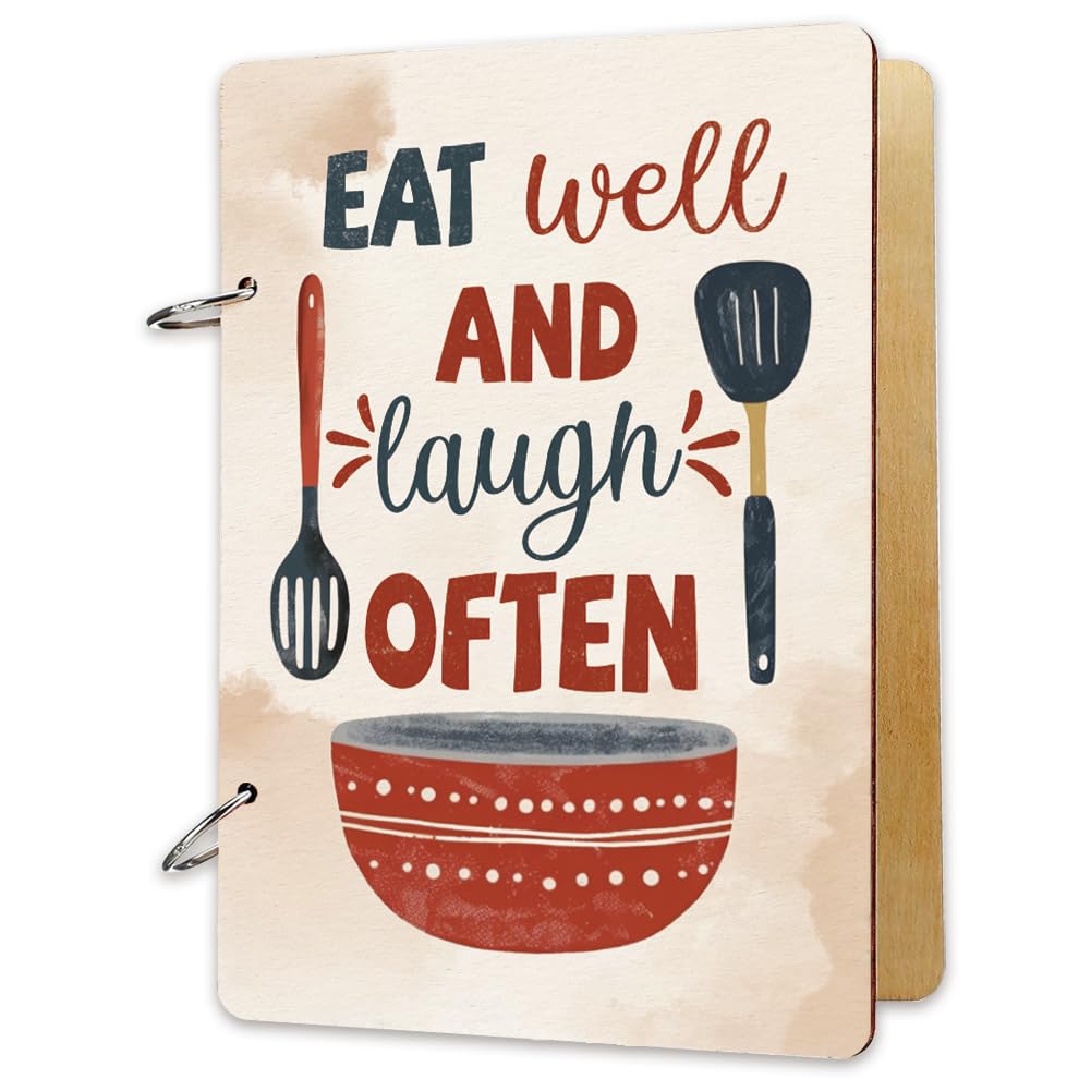 SUPERDANT Wooden Card Keeper Memory Book Loose Leaf Binder Greeting Card Postcard Photo Album 2-Rings Wood Cover Eat Well and Laugh Often Card Organizer Cooking Baking Recipe Journal Card Keepsake
