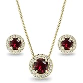 B. BRILLIANT Gold Flashed Sterling Silver Genuine, Created or Simulated Gemstone Round Halo Necklace & Earrings Jewelry Set for Women Bridesmaids