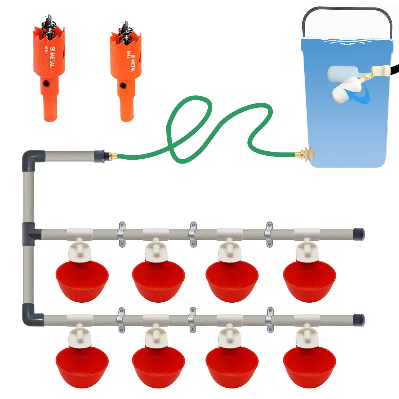 Photo 1 of Complete Set Pipeline Automatic Chicken Watering System, 1/2" PVC Tee Fittings & PVC Pipe & Garden Hose, Chicken Water Cups, Poultry Waterer, Automatic Chicken Waterer, Chicken Nipple Waterer
