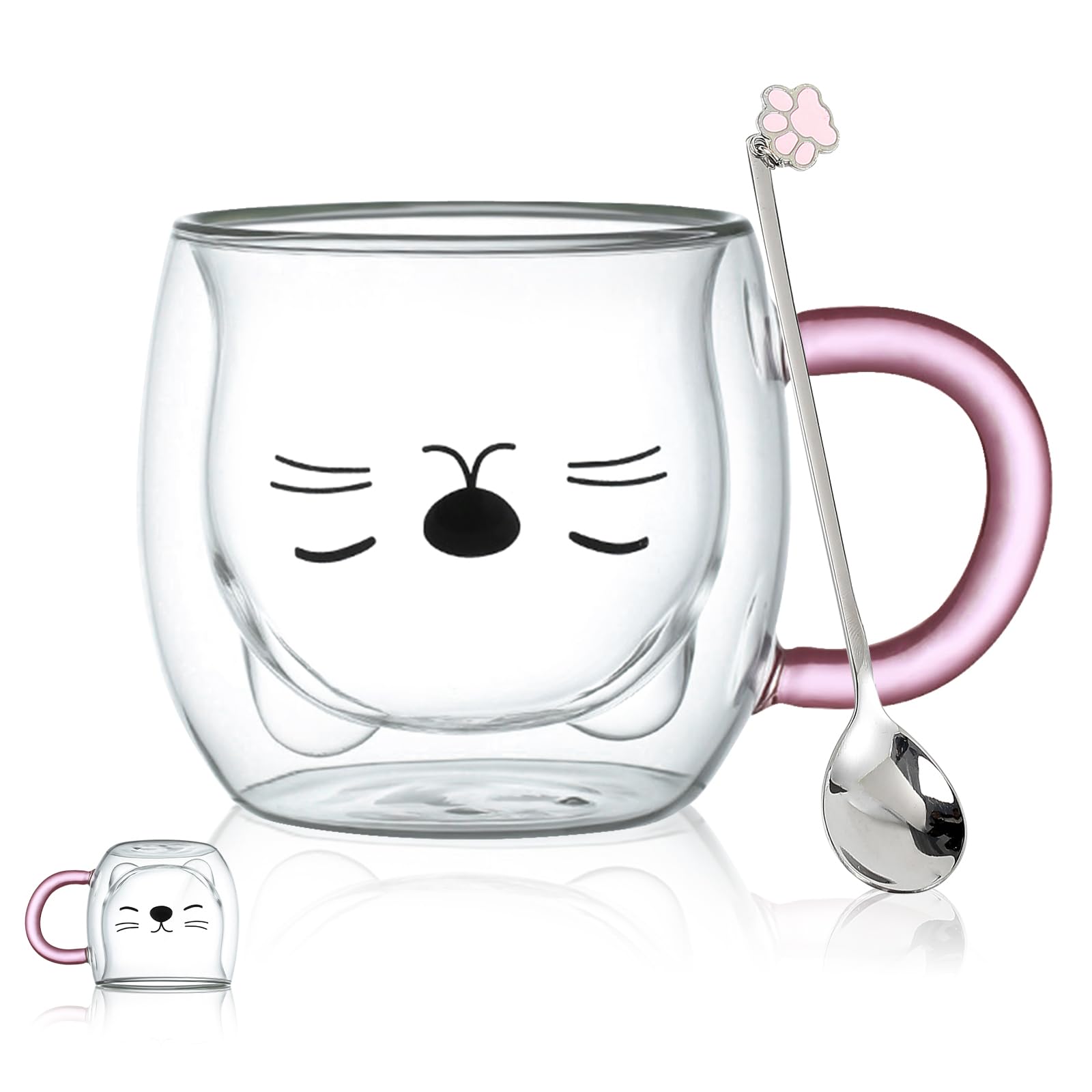 Purple Cat Mug with Handle Cute Mugs Glass Double Wall Insulated Glasses Espresso Cup, Coffee Cup, Tea Cup, Milk Cup, Best Birthday Gift for Office and Personal (Purple Cat)