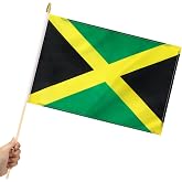 Yingnner 12 Pack Jamaica Stick Flags Small 12x18 Inch Jamaican Hand Held Flags with 24 Inch Wooden Pole Decorations