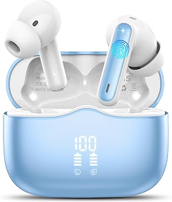Auriculares Inalambricos, Auriculares Inalámbricos Bluetooth 5.4 con 4 Mics, HiFi Estéreo, Cancelación de Ruido ENC, Pantalla LED, Carga Rápida USB-C, Cascos in Ear 40H IPX7 Impermeable, Cielo Azul