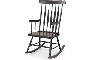 Tangkula Patio Rocking Chair Solid Rubber Wood, Outdoor Porch Rocker Chair with Rubber Wood Frame, Indoor Wooden Rocking Chai