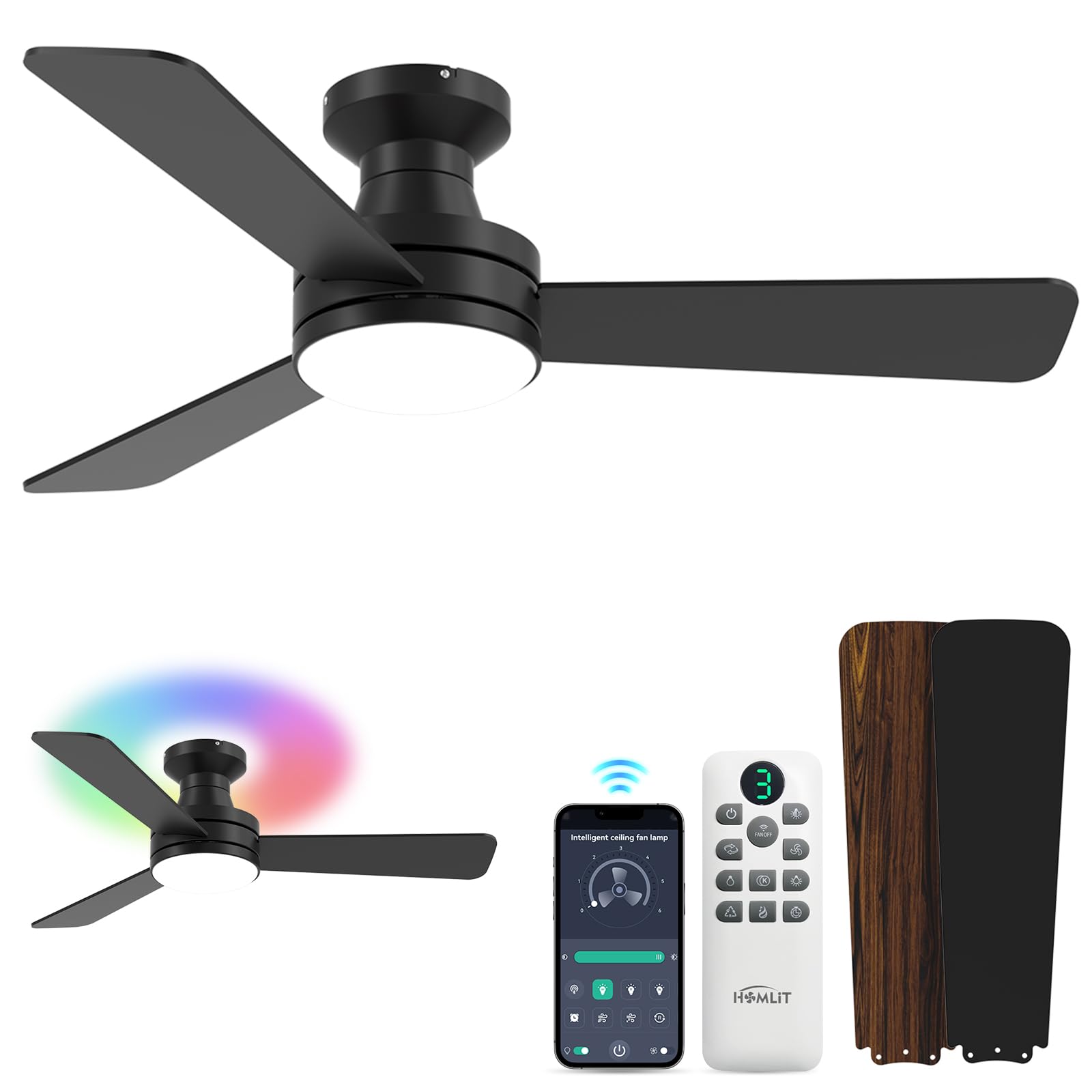 Photo 1 of Homlit 42 inch RGB Ceiling Fan with Light, Smart App & Remote Control Low Profile Flush Mount, Music Sync Lighting, 6-Speed Quiet Reversible DC Motor, 4CCT Dimmable for Home Office Party,Black