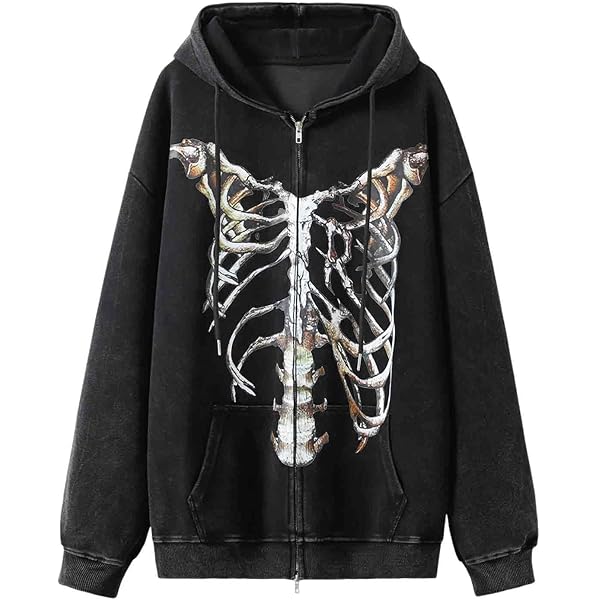 Men Women Y2K Skeleton Zip Up Hoodie Emo Gothic Oversized Grunge