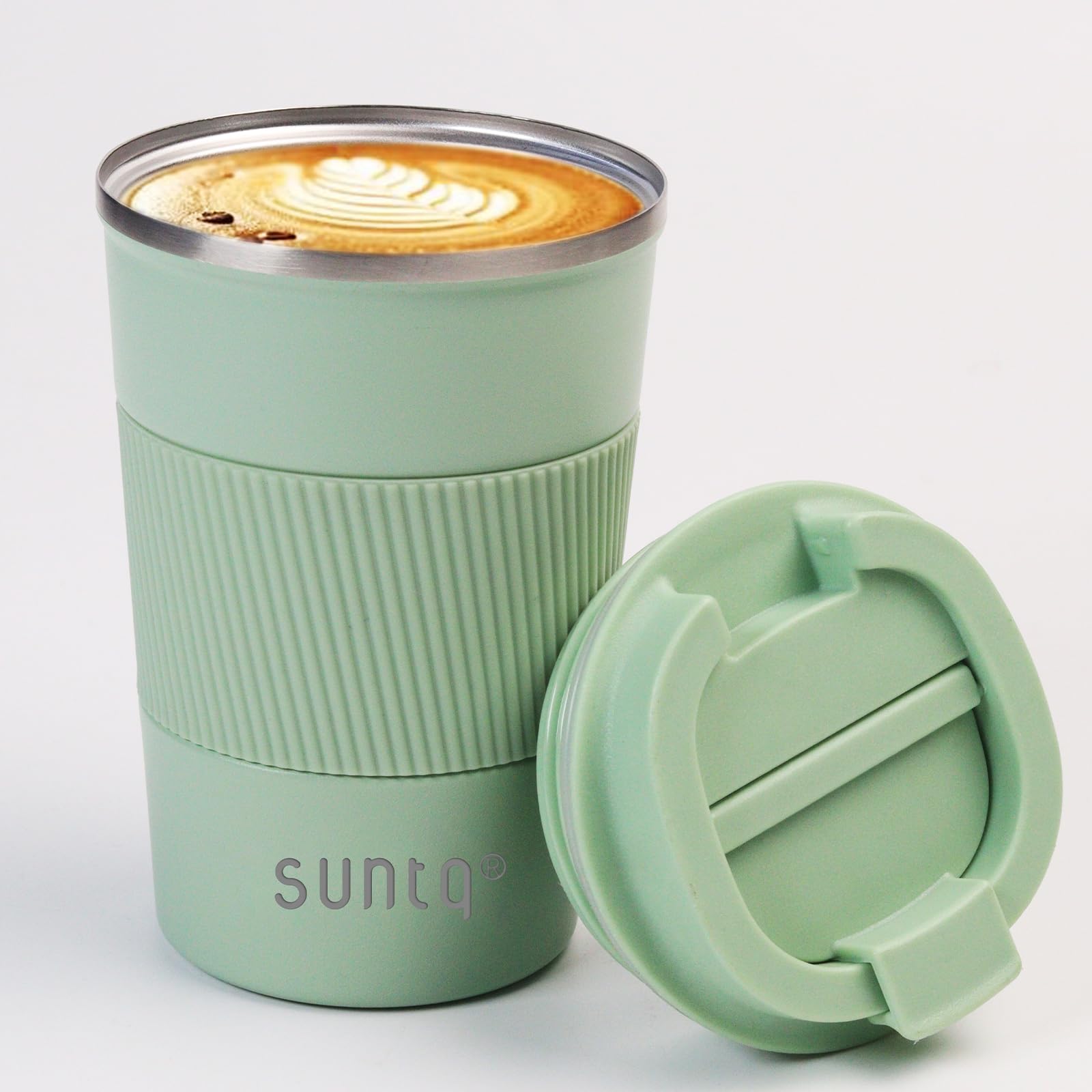 SUNTQ Reusable Coffee Cups Travel - Coffee Travel Mug with Leakproof Lid - Thermal Mug Insulated Cup - Stainless Steel Travel Cup with Rubber Grip - for Hot and Cold Drinks, 13oz/380ml Mint Green