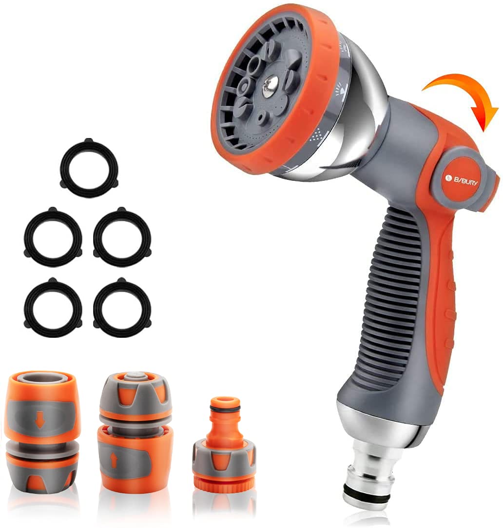 BIBURY Upgraded Garden Hose Pipe Spray Gun Set with Connector, 10 Adjustable Patterns Spray Nozzle with Thumb Switch, Anti-Slip Design, Perfect for Car Washing, Pet Showering, Cleaning, Watering Lawn
