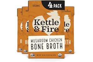 KETTLE & FIRE Kettle and Fire Mushroom Chicken Bone Broth, Keto, Paleo and Whole 30 Approved, Gluten Free, High in Protein and Collagen, 4 Pack