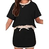 Arshiner Girls 2 Piece Outfits Summer Clothes Short Sleeve Drop Shoulder Shirt and Skirt with Built-in Shorts Athletic Sets