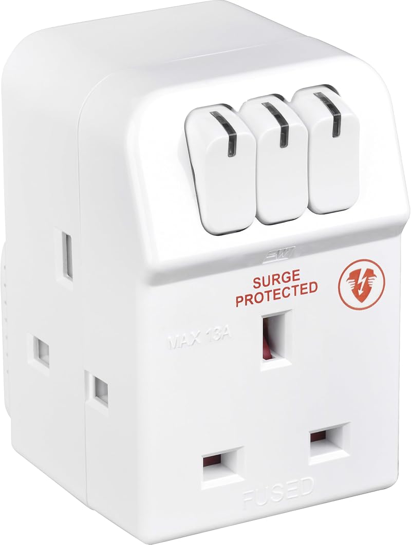 Masterplug Three Socket Surge Protected Adaptor with Individual Switches