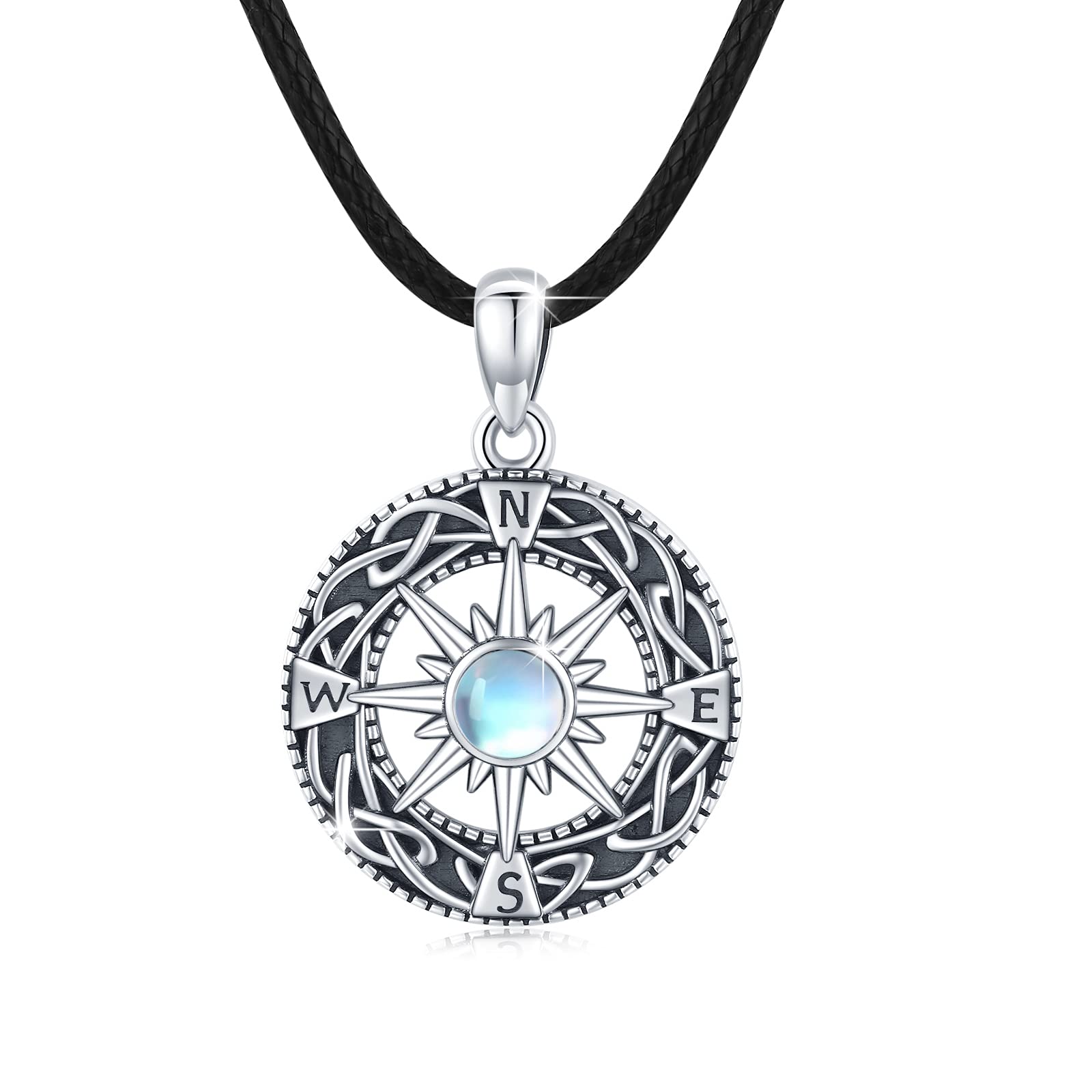 JFASHOP Moonstone Necklace 925 Sterling Silver Compass Pendant Men Amulet Celtic Knot Compass Necklace Compass Jewellery Valentines Gifts for Men Women Girls