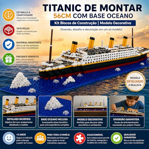 Kit Blocos de Construção Titanic 56cm | Com Base Oceano