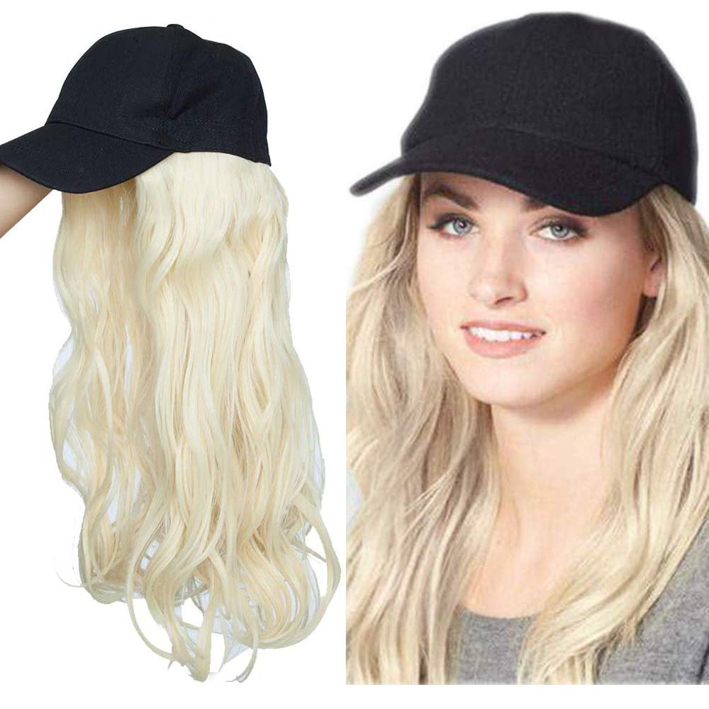 16" Hair Extensions With Baseball Cap Adjustable, Bleach Blonde, Baseball Hat With Synthetic Hair Extension Long Curly Wavy — image 1
