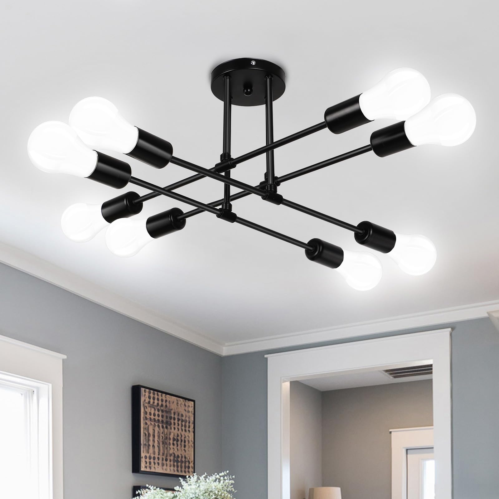 SERBASIC Sputnik Ceiling Light Ceiling Lights Fittings with E27 Base,Black Modern Chandelier for Farmhouse Kitchen Dining Room Bedroom Study Living Room(No Blub),Adjustable 8 Light