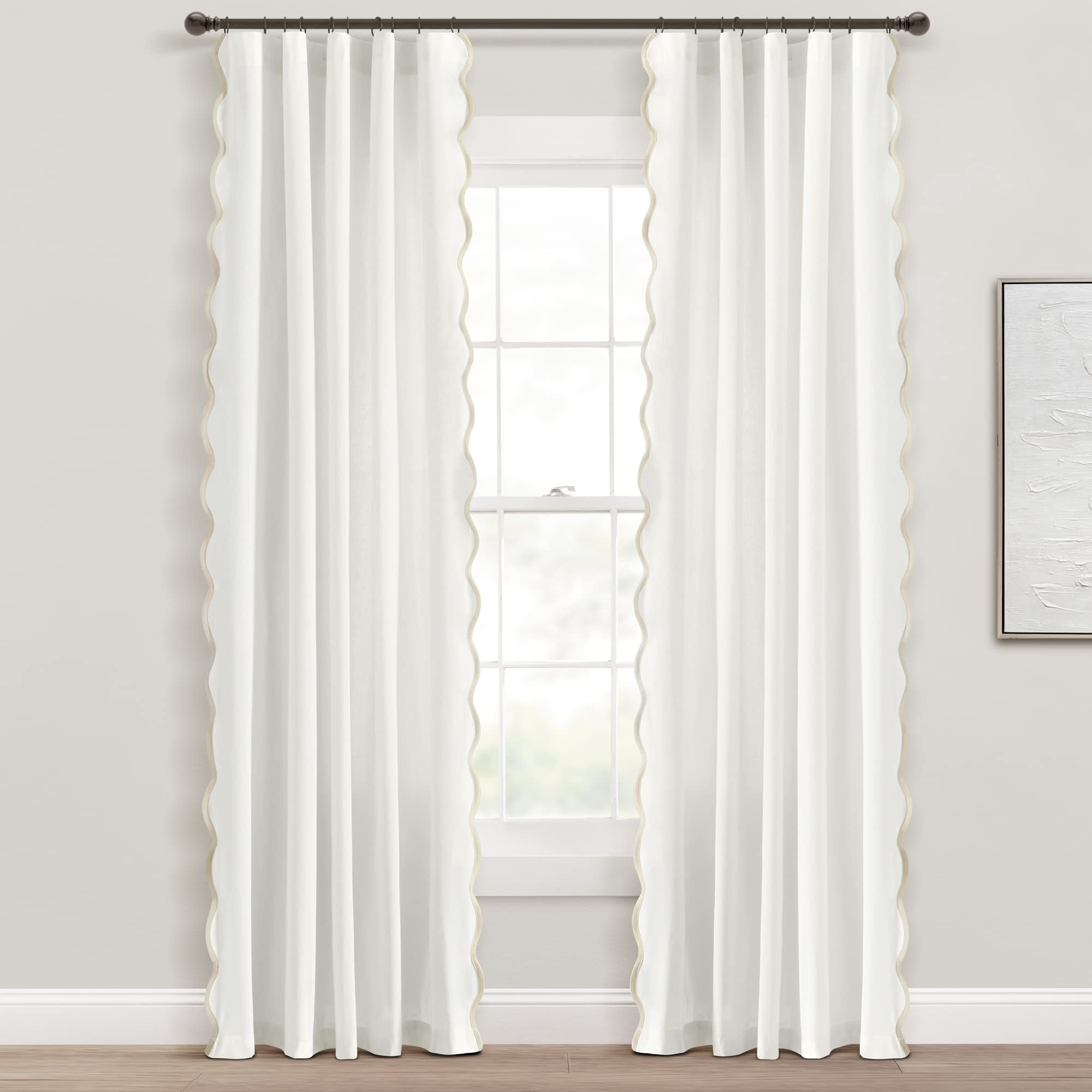 Lush Decor Coastal Chic Scallop Edge Window Curtain Panel Pair, 52" W x 84" L, Gray & Off-White