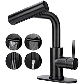 Bietor Bathroom Sink Faucet with 4 Mode Pull Down Sprayer, Matte Black Single Handle Pull Out Faucet with Pop-Up Drain, 1 or