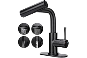 Bietor Bathroom Sink Faucet with Pull Down Sprayer, 4 Mode Matte Black Bathroom Faucet, Single Handle Tall Bathroom Faucet 1 or 3 Hole with Pop-up Drain & Deck Mount Plate