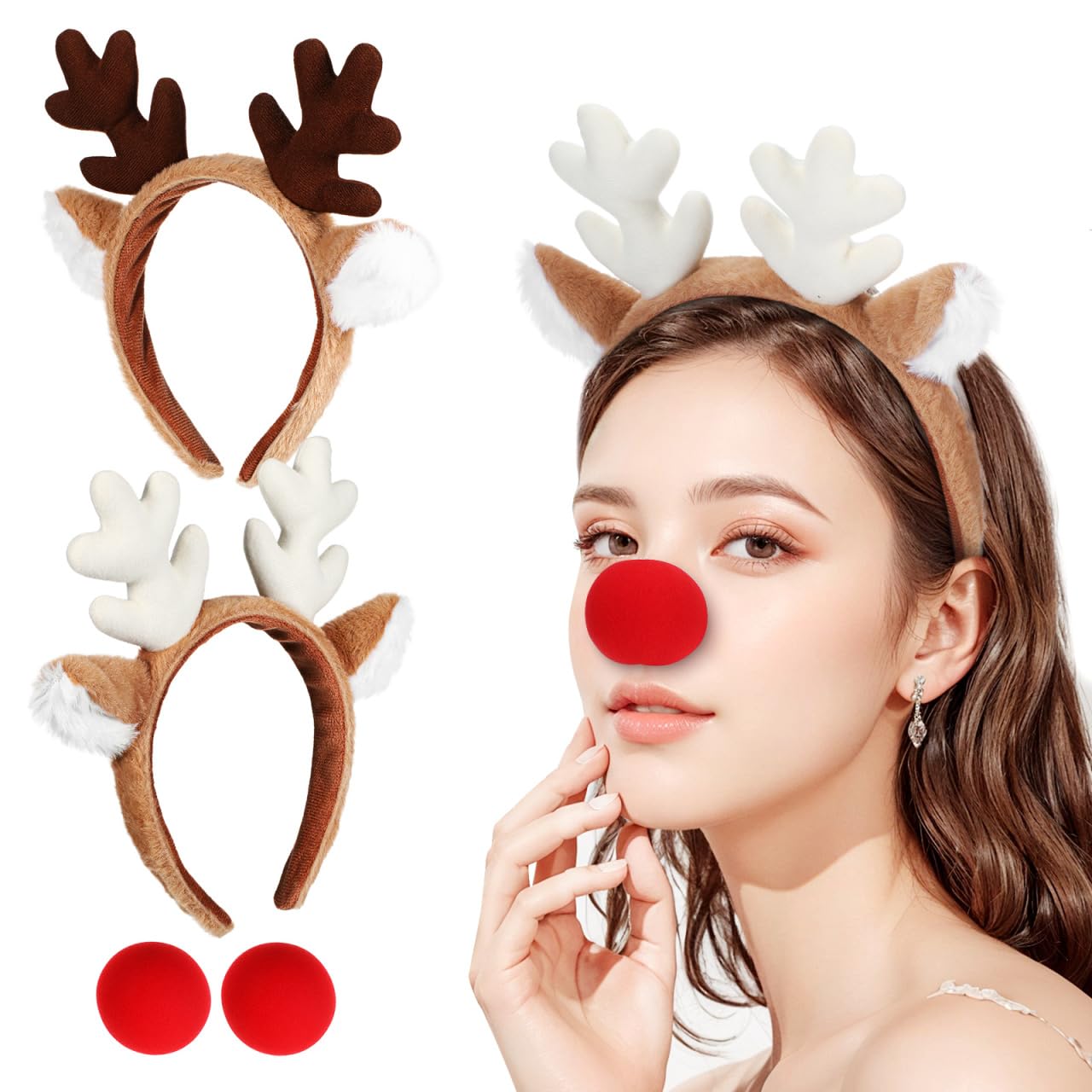 Photo 1 of GLEAVI Christmas Deer Antler Headband: 2 Sets Cute Women Deer Headband with Red Nose for Christmas Halloween Cosplay Party Headpiece