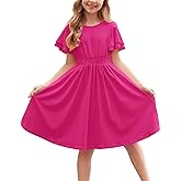 Arshiner Girl's Casual Dress Summer Scoop Neck Short Sleeve Flowy Print and Plain Sundress for Kids 4-14Y