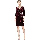Alex Evenings Womens Short Velvet 3/4 Sleeve Cocktail Dress W/Surplice Neckline and Cascade Skirt, (Petite and Regular Sizes)
